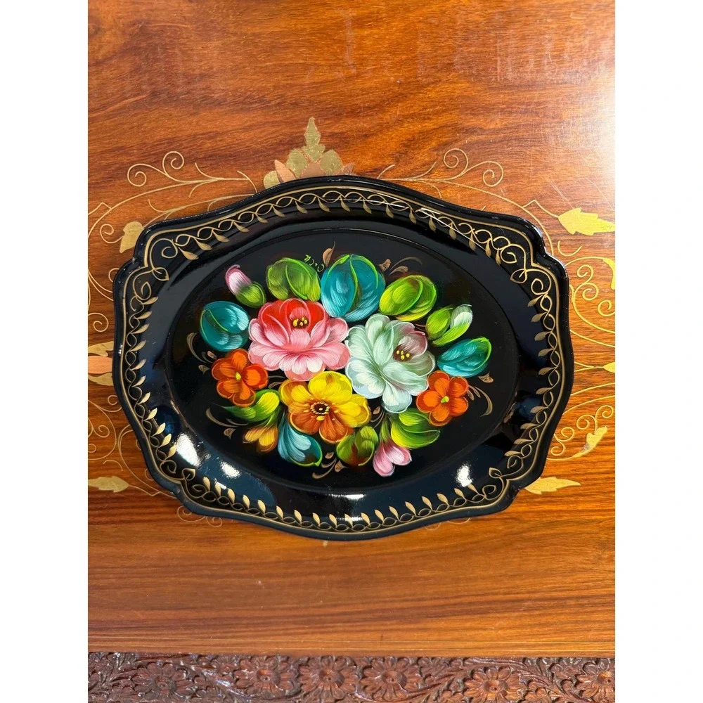 Vintage Black Tole Floral Tray - Hand‎ Painted with Stand